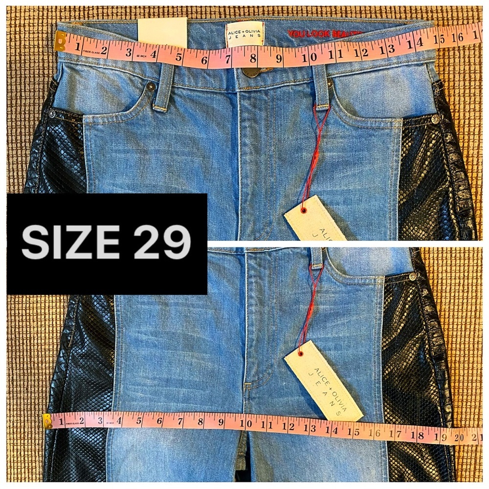 Alice + Olivia Max Vegan Leather Denim Jeans Combo Wide Leg Blue Black Pant - Picture 13 of 17